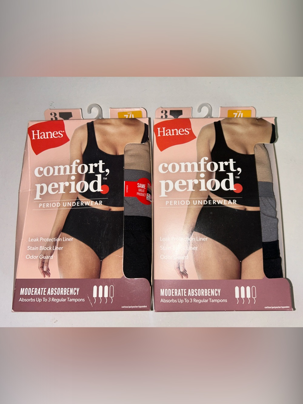 NIB 2x Hanes Comfort Period Menstrual Cotton Stretch Briefs - Size Large 12/14